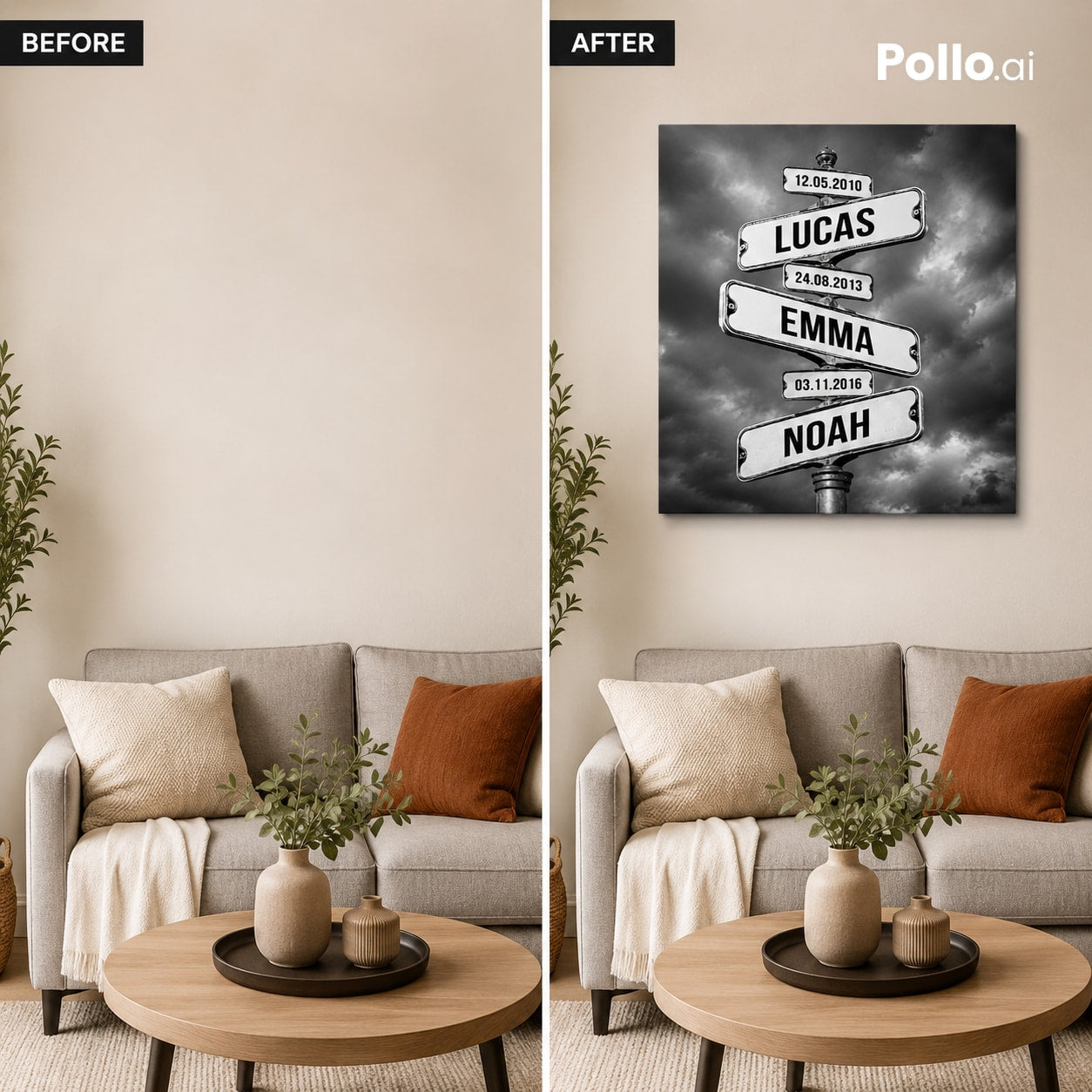 Avant après décoration murale avec toile personnalisée