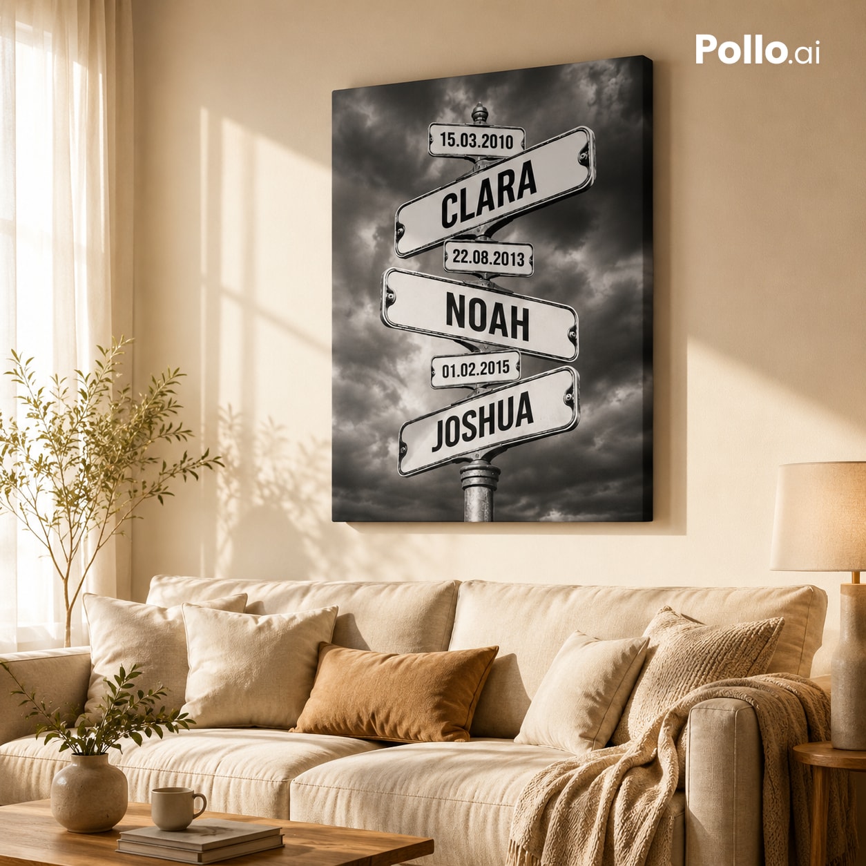 Toile personnalisée plaque de rue accrochée dans un salon élégant