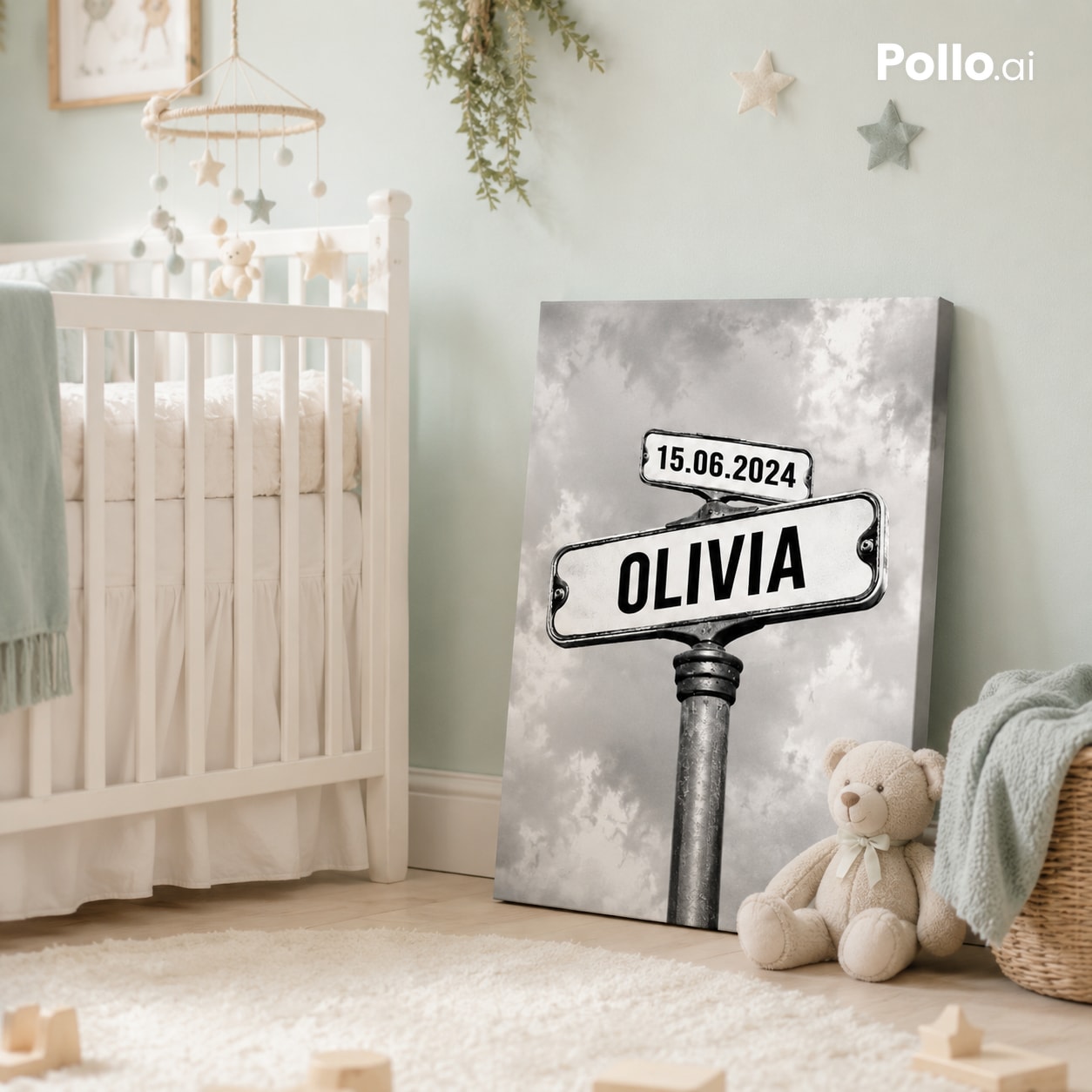 Toile personnalisée prénom bébé dans une chambre de naissance